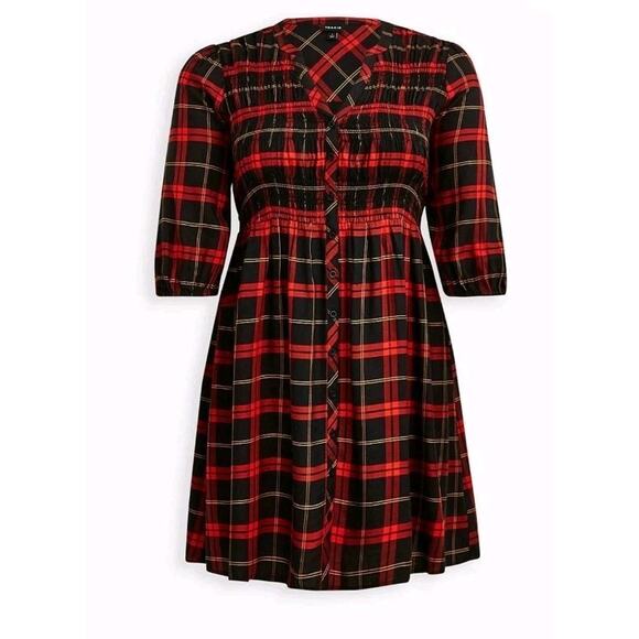 Torrid smocked Tunic Mini Dress Black Red Plaid Twill NWT New 2X - Picture 5 of 8